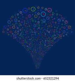 Clock salute stream. Vector illustration style is flat bright multicolored iconic symbols on a blue background. Object source fountain created from random symbols.
