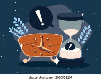 clock and sand hourglass with exclamation mark of deadline theme