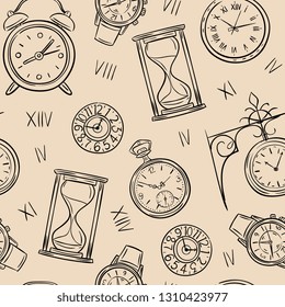 Clock seamless pattern. Sketch time, sketch hourglass and mechanic watch, timepiece vector vintage texture