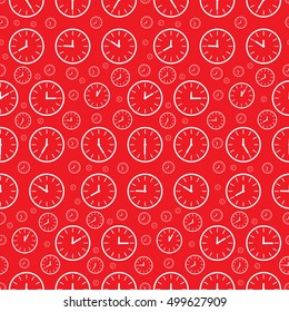 Clock Seamless Pattern. Vector Clock Face Set on Red Background.