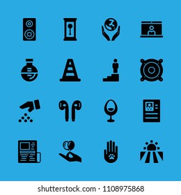 clock, seeds, chair, hand holding balloons, animal solidarity, resume, flask, speaker and news paper vector icon. Simple icons set
