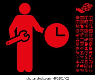 Clock Serviceman icon with bonus calendar and time management graphic icons. Vector illustration style is flat iconic symbols, red color, black background.