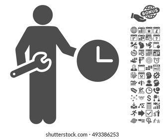 Clock Serviceman icon with bonus calendar and time management icon set. Vector illustration style is flat iconic symbols, gray color, white background.