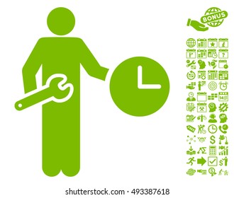 Clock Serviceman icon with bonus calendar and time management pictogram. Vector illustration style is flat iconic symbols, eco green color, white background.