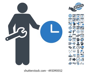 Clock Serviceman icon with bonus calendar and time management icon set. Vector illustration style is flat iconic bicolor symbols, smooth blue colors, white background.