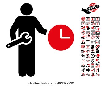 Clock Serviceman icon with bonus calendar and time management graphic icons. Vector illustration style is flat iconic bicolor symbols, intensive red and black colors, white background.