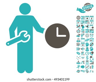 Clock Serviceman icon with bonus calendar and time management pictograph collection. Vector illustration style is flat iconic bicolor symbols, grey and cyan colors, white background.