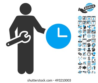 Clock Serviceman pictograph with bonus calendar and time management graphic icons. Vector illustration style is flat iconic bicolor symbols, blue and gray colors, white background.