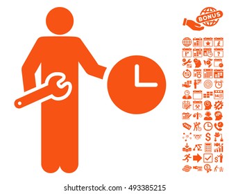 Clock Serviceman pictograph with bonus calendar and time management graphic icons. Vector illustration style is flat iconic symbols, orange color, white background.