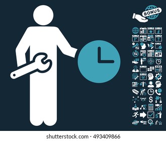 Clock Serviceman pictograph with bonus calendar and time management design elements. Vector illustration style is flat iconic bicolor symbols, blue and white colors, dark blue background.