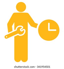 Clock Serviceman vector icon. Style is flat symbol, yellow color, rounded angles, white background.
