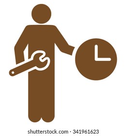 Clock Serviceman vector icon. Style is flat symbol, brown color, rounded angles, white background.