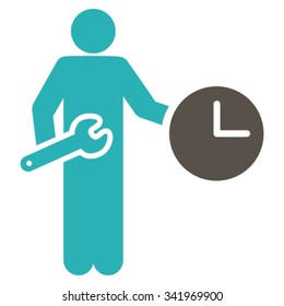 Clock Serviceman vector icon. Style is bicolor flat symbol, grey and cyan colors, rounded angles, white background.