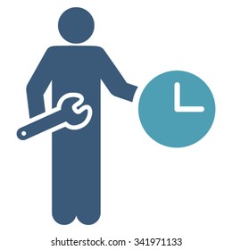 Clock Serviceman vector icon. Style is bicolor flat symbol, cyan and blue colors, rounded angles, white background.