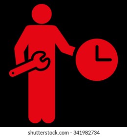 Clock Serviceman vector icon. Style is flat symbol, red color, rounded angles, black background.