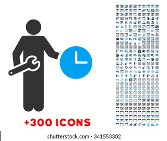 Clock Serviceman vector pictogram with additional 300 date and time management icons. Style is bicolor flat symbols, blue and gray colors, rounded angles, white background.