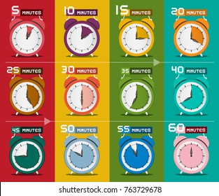Clock Set. Five to Sixty Minutes Alarm Clock Icons. Vector.