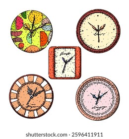 clock set hand drawn. minute second, tock dial, hands face clock vector sketch. isolated color illustration