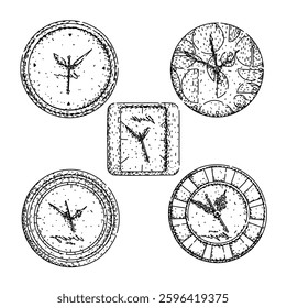 clock set hand drawn. minute second, tock dial, hands face clock vector sketch. isolated black illustration