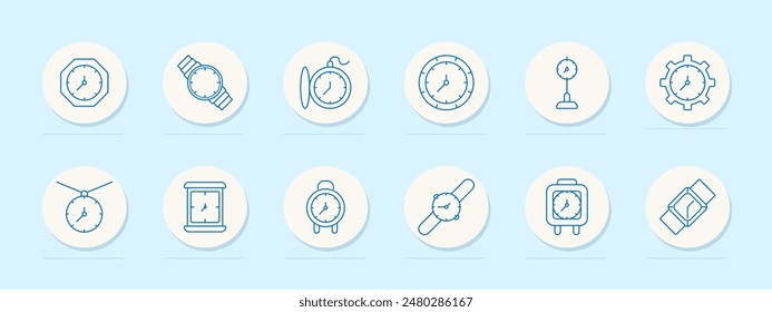 Icono de ajuste del reloj. Varios relojes, incluyendo reloj de pulsera, reloj de bolsillo, cronómetro, reloj despertador y reloj de pared. Cronometraje, reloj, concepto de temporizador.