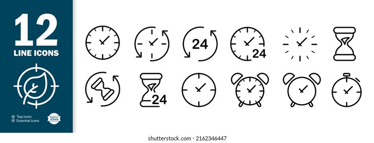 Clock set icon. Wristwatch, dial, around the clock, circular hand, hourglass, alarm clock, stopwatch, countdown. Time concept. Vector line icon for Business and Advertising.
