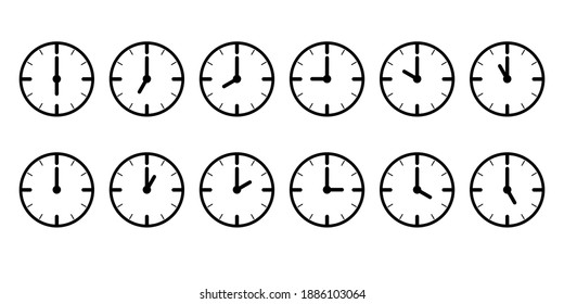 clock set. clock Icons with different times. black icon Isolated on white background. flat lined style design. vector illustration.