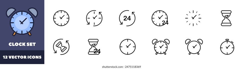 Clock set icons. Time icons. Linear style. Vector icons.