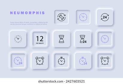 Clock-Set-Line-Symbol. Sanduhr, Timer, Sekunde, Stunde, Wecker, Arbeitstag. In: Neomorphism Style. Vektorliniensymbol für Unternehmen und Werbung