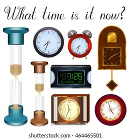 Clock set. Office, hourglass, digital, table clock, timer, alarm. Vector illustration. Hand written text. Time collection