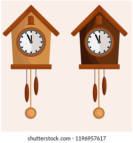 Clock set with pendulum and cuckoo. Two options, dark and light vector illustration.