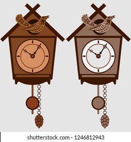 Clock set with pendulum and cuckoo. Two options, dark and light vector illustration.