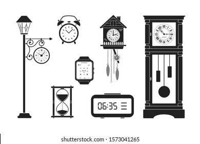 Clock. Set of silhouettes of watches on white background. Vector illustration