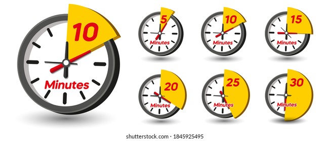 Clock, set of timer (time) icons. From 5 minutes to 60 minutes. Vector time symbol.
