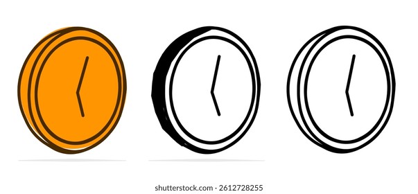 Clock set vector. Alarm clipart. Orange clock icon. Black and white clock illustration. Doodle, cartoon, lineart, outlined, modern clock symbol. Perfect for presentations.
