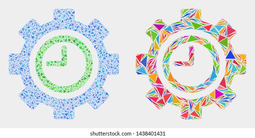 Clock settings gear collage icon of triangle elements which have different sizes and shapes and colors. Geometric abstract vector illustration of clock settings gear.