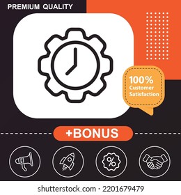 clock, settings, repair, cog icon. With orange and black background