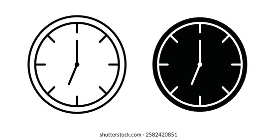 Clock seven icons pack vectors in black flat and strokes