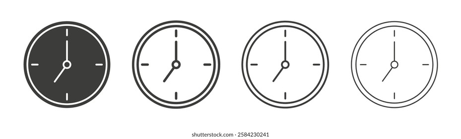 Clock seven icons set. Liner outlined and flat black color