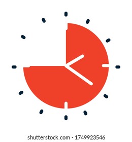 Uhr mit Schatten von Quarter bis zwölf Uhr oder Quarter bis Mitternacht auf weißem Hintergrund, Halbzeitehalber-Stil, Vektorgrafik