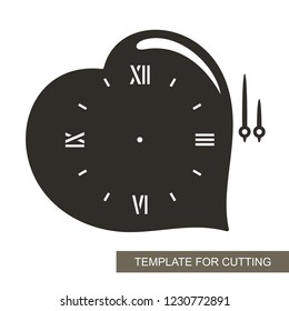 Clock in the shape of the heart. Dial with arrows on white background. Decor for home. Romantic gift for February 14. Template for laser cutting, wood carving, paper cut and printing. Vector.