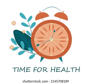 clock in the shape of an orange. inscription time for health. illustration on the theme of healthy eating. suitable for a slide, cover or other project of yours