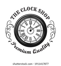 Clock shop stamp design. Monochrome element with old watch vector illustration with text. Watchshop and service concept for symbols, emblems and labels templates