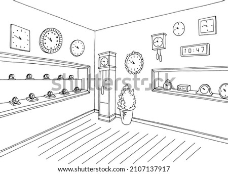 Clock shop store interior graphic black white sketch illustration vector