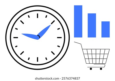 A clock, shopping cart, and blue bar graph. Ideal for retail market analysis, online shopping trends, time management for shopping, business statistics, and economic growth studies. Minimalist vector