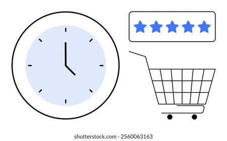 Clock, shopping cart, and five-star rating. Ideal for e-commerce, customer service, time management, user experience, and retail marketing. Simple and clean vector art style