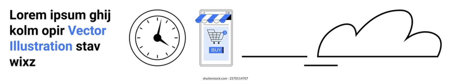 Clock and shopping cart icon beside placeholder text, representing digital commerce integration. Ideal for e-commerce, technology, cloud computing, time management, and online services. Banner