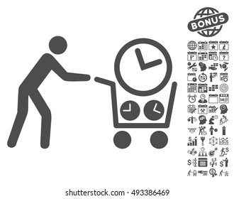 Clock Shopping icon with bonus calendar and time management pictogram. Vector illustration style is flat iconic symbols, gray color, white background.