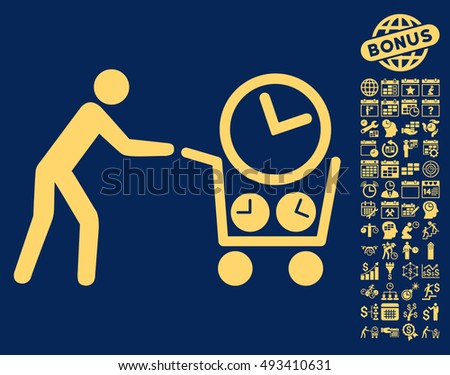 Clock Shopping icon with bonus calendar and time management icon set. Vector illustration style is flat iconic symbols, yellow color, blue background.