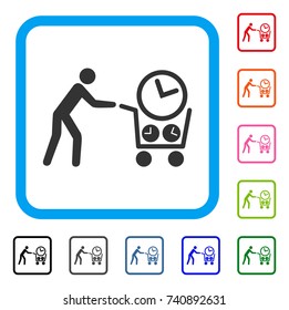 Clock Shopping icon. Flat grey pictogram symbol in a light blue rounded squared frame. Black, gray, green, blue, red, orange color versions of Clock Shopping vector. Designed for web and software UI.
