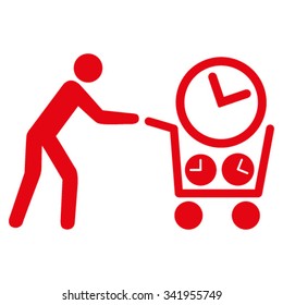 Clock Shopping vector icon. Style is flat symbol, red color, rounded angles, white background.